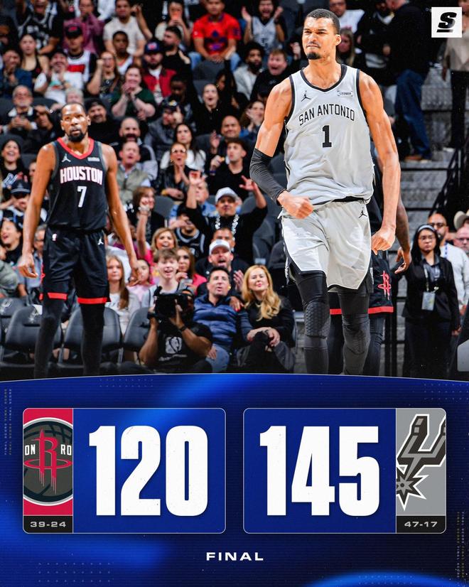 文班亚马29+8+4盖帽 马刺狂胜火箭创两项纪录